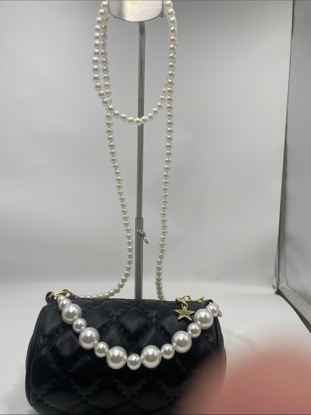 Black Quilted Shoulder Bag with Pearl Strap 18014